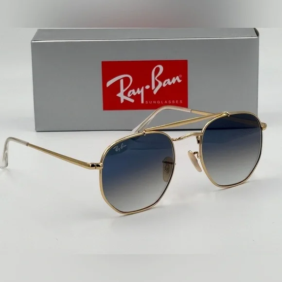 Ray-Ban Sunglasses Marshal II RB3648 Aviator Gold Hexagon Frame Light Blue 360 - Picture 15 of 15